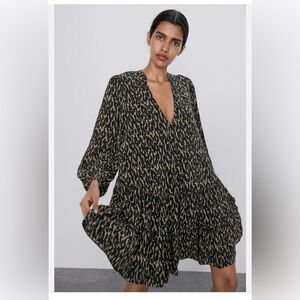 ZARA | Black and Tan Button Front Tiered High-Low Dress